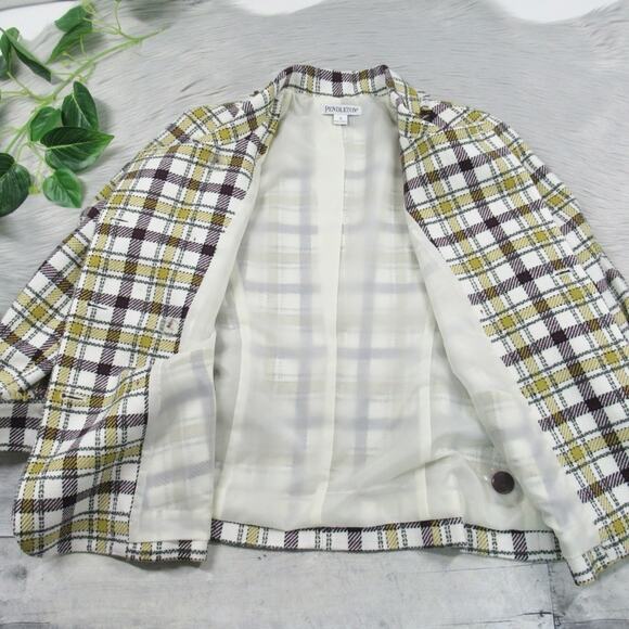 PENDLETON Plaid Tweed Jacket Double Breasted Fringe Trim Women’s Size 12 - Picture 7 of 10